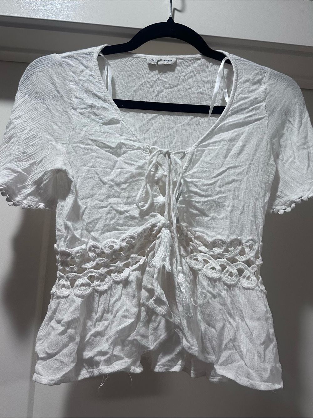Solemio White Tie-Front Crochet Peplum Blouse